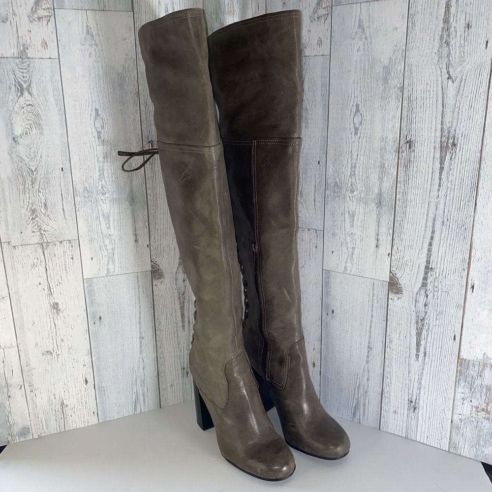 Vince Camuto Boots Womens 10 M Gray Leatherโ Knee High Heels Zipper Bows Chic